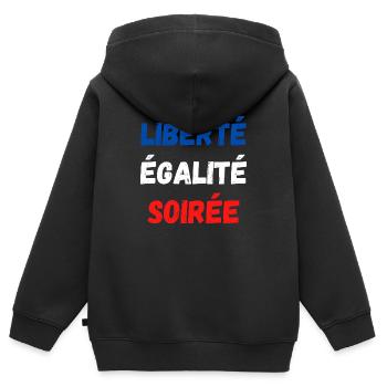 Liberté égalité soirée - Sweat Premium à capuche zippé enfant bio - noir - Dos - AI Model Kid Male (0cm)