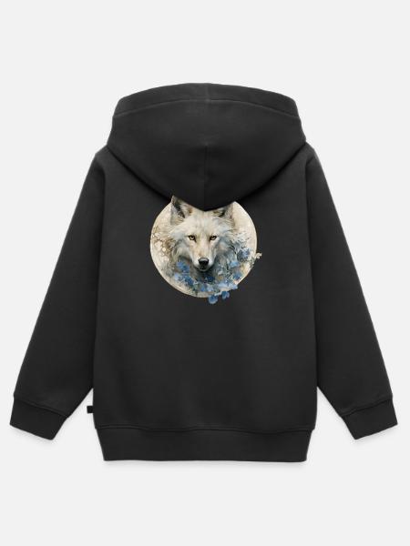 Weißer Wolf mit Art-déco-Blumen - Kinder Premium Organic Zip Hoodie - Schwarz