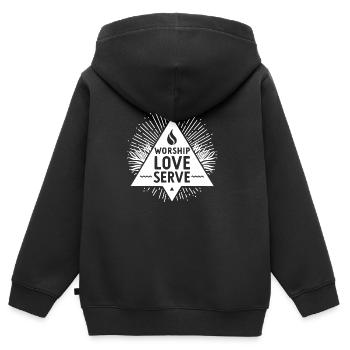 Anbetung, Liebe, Dienen - Kinder Premium Organic Zip Hoodie - Schwarz - Hinten - AI Model Kid Male (0cm)