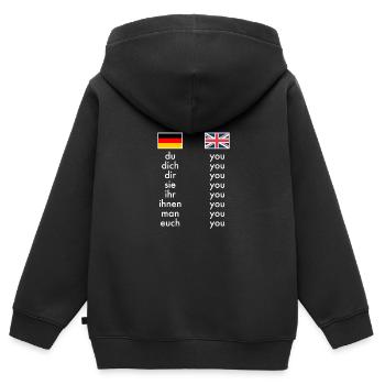 Englisch Deutsch Grammatik Lernen Witzige Lehrer - Kinder Premium Organic Zip Hoodie - Schwarz - Hinten - AI Model Kid Male (0cm)