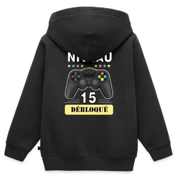 anniversaire 15 ans - Sweat Premium à capuche zippé enfant bio - noir - Dos - AI Model Kid Male (0cm)