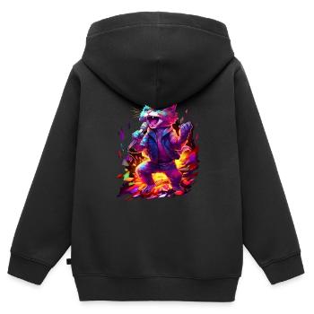 Singende Katze, Neon, Feuer - Kinder Premium Organic Zip Hoodie - Schwarz - Hinten - AI Model Kid Male (0cm)