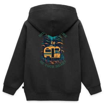 Camping, Maison, Caravane, Voyage - Sweat Premium à capuche zippé enfant bio - noir - Dos - AI Model Kid Male (0cm)