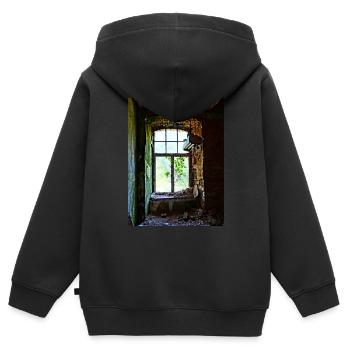 Urbex Photography | Buntes Fenster mit Baum - Kinder Premium Organic Zip Hoodie - Schwarz - Hinten - AI Model Kid Male (0cm)