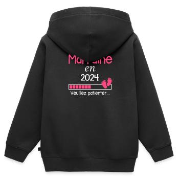 Marraine en 2024 Cadeau Bientôt Maman - Sweat Premium à capuche zippé enfant bio - noir - Dos - AI Model Kid Male (0cm)