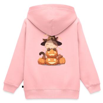 Chat mignon d’Halloween avec citrouille sculptée - Sweat Premium à capuche zippé enfant bio - rose - Dos - AI Model Kid Female (0cm)