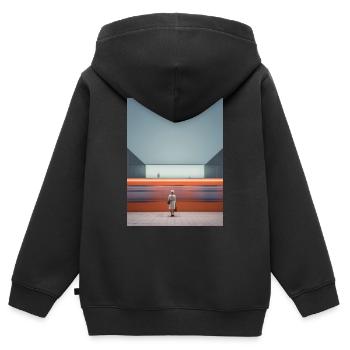 Frau im gestreiften Kleid wartet - Kinder Premium Organic Zip Hoodie - Schwarz - Hinten - AI Model Kid Male (0cm)