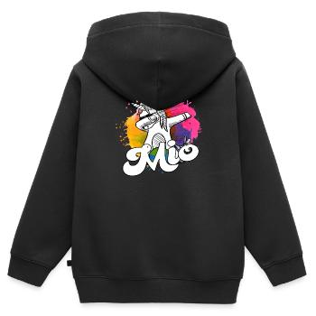 MIO - Beau nom de garçon avec licorne cool - Sweat Premium à capuche zippé enfant bio - noir - Dos - AI Model Kid Male (0cm)