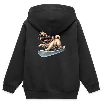 Lustiger Mops auf dem Snowboard im Winterurlaub - Kinder Premium Organic Zip Hoodie - Schwarz - Hinten - AI Model Kid Male (0cm)