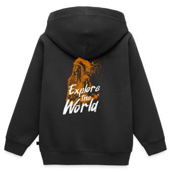 Erkunden Sie die Welt Orange Wandbild mit Inder - Kinder Premium Organic Zip Hoodie - Schwarz - Hinten - AI Model Kid Male (0cm)