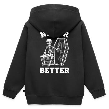 Nie besser Skelett-Sarg - Kinder Premium Organic Zip Hoodie - Schwarz - Hinten - AI Model Kid Male (0cm)