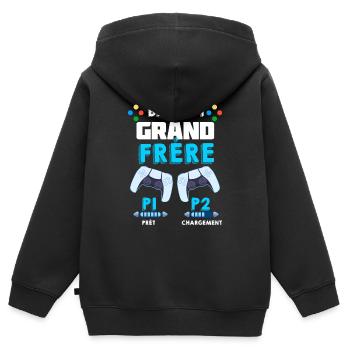 Cadeau anniv naissance grand frère jeux vidéo - Sweat Premium à capuche zippé enfant bio - noir - Dos - AI Model Kid Male (0cm)