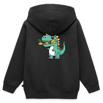 Lustiger Dinosaurier mit Blätter im Mund - Kinder Premium Organic Zip Hoodie - Schwarz - Hinten - AI Model Kid Male (0cm)
