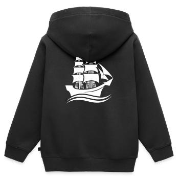 schiff 1 - Kinder Premium Organic Zip Hoodie - Schwarz - Hinten - AI Model Kid Male (0cm)