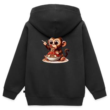 Singe dégustant des spaghettis à la bolognaise - Sweat Premium à capuche zippé enfant bio - noir - Dos - AI Model Kid Male (0cm)