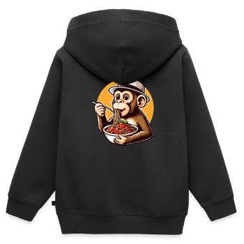 Singe dégustant des spaghettis à la bolognaise - Sweat Premium à capuche zippé enfant bio - noir - Dos - AI Model Kid Male (0cm)