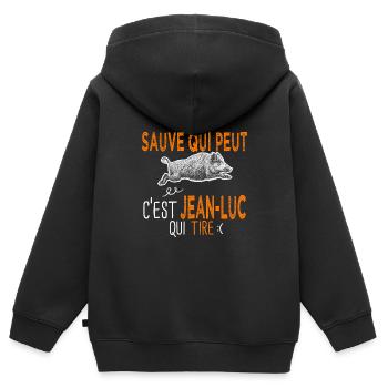 Jean luc c est Jean luc qui tire Humour Chasseur - Sweat Premium à capuche zippé enfant bio - noir - Dos - AI Model Kid Male (0cm)