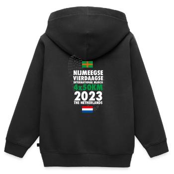 2023 Nimègue Quatre Jours Marches 4 x 50 km - Sweat Premium à capuche zippé enfant bio - noir - Dos - AI Model Kid Male (0cm)