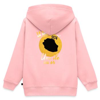 Belle idee cadeau La Réunion 974 une ile en or - Sweat Premium à capuche zippé enfant bio - rose - Dos - AI Model Kid Female (0cm)