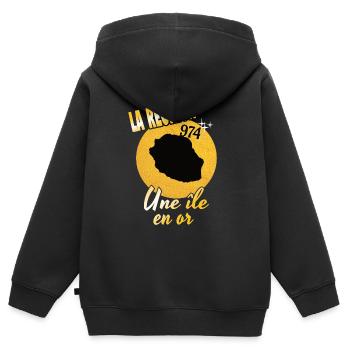 Belle idee cadeau La Réunion 974 une ile en or - Sweat Premium à capuche zippé enfant bio - noir - Dos - AI Model Kid Male (0cm)