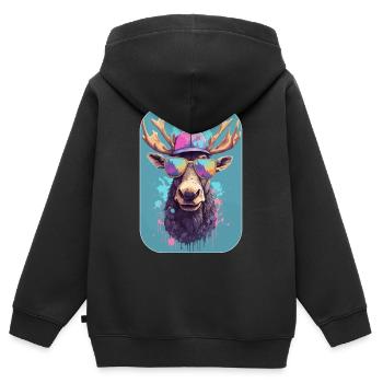 Elch mit Mütze und Sonnenbrille, König des Waldes - Kinder Premium Organic Zip Hoodie - Schwarz - Hinten - AI Model Kid Male (0cm)
