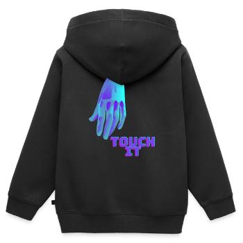 Touch It - blaue Hand - Kinder Premium Organic Zip Hoodie - Schwarz - Hinten - AI Model Kid Male (0cm)