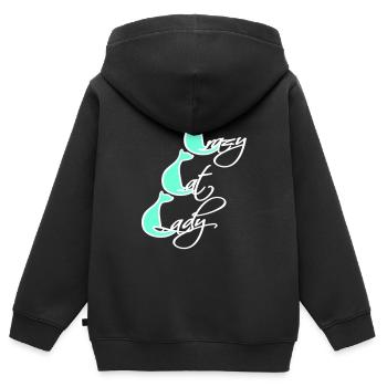 Chat fou Dame Texte Folle Femme Chats Amour - Sweat Premium à capuche zippé enfant bio - noir - Dos - AI Model Kid Male (0cm)