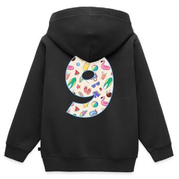 VACANCES NUMÉRO 9 ANNÉES ÉTÉ 9ÈME ANNIVERSAIRE - Sweat Premium à capuche zippé enfant bio - noir - Dos - AI Model Kid Male (0cm)