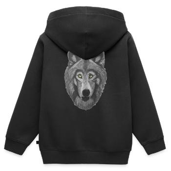 Wolf Wolfskopf mit grauem Pelz und gelben Augen - Kinder Premium Organic Zip Hoodie - Schwarz - Hinten - AI Model Kid Male (0cm)