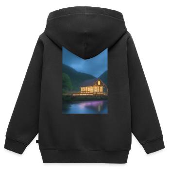Charmante cabane au bord du lac - Sweat Premium à capuche zippé enfant bio - noir - Dos - AI Model Kid Male (0cm)