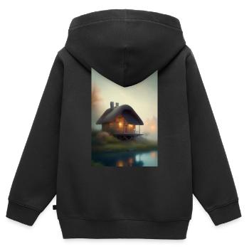 Charmante cabane au bord du lac - Sweat Premium à capuche zippé enfant bio - noir - Dos - AI Model Kid Male (0cm)