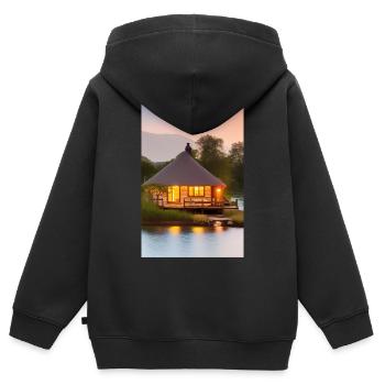 Charmante cabane au bord du lac - Sweat Premium à capuche zippé enfant bio - noir - Dos - AI Model Kid Male (0cm)