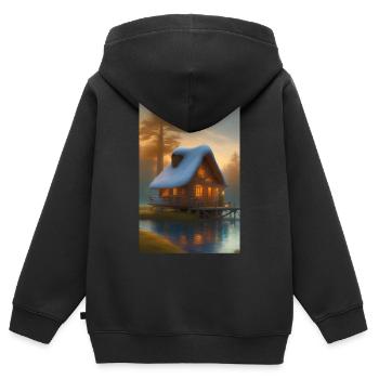Charmante cabane au bord du lac - Sweat Premium à capuche zippé enfant bio - noir - Dos - AI Model Kid Male (0cm)