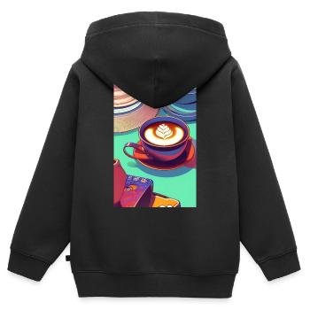 Café, grains de café - Sweat Premium à capuche zippé enfant bio - noir - Dos - AI Model Kid Male (0cm)