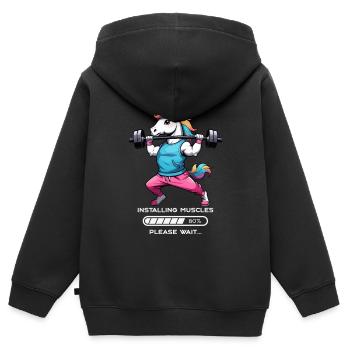 Licorne bodybuilder - Sweat Premium à capuche zippé enfant bio - noir - Dos - AI Model Kid Male (0cm)