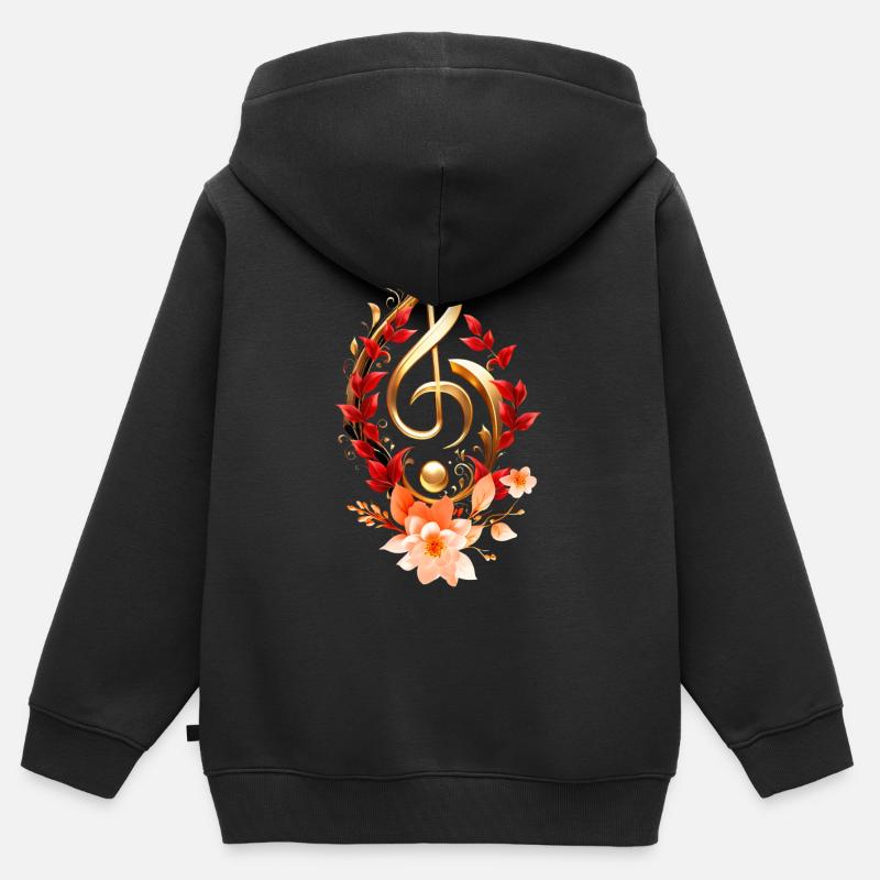 Clé de sol dorée avec des feuilles rouges. - Sweat Premium à capuche zippé enfant bio - noir