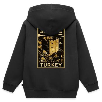 Alanya Turkey – Affiche de voyage en linogravure dorée/noire - Sweat Premium à capuche zippé enfant bio - noir - Dos - AI Model Kid Male (0cm)