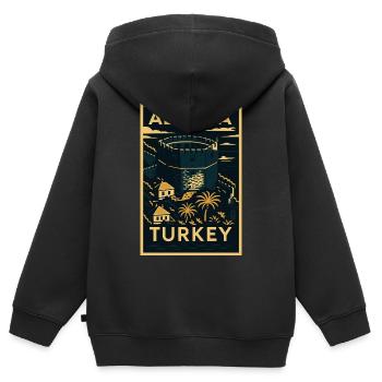 Alanya Turkey – Affiche de voyage vintage en linogravure - Sweat Premium à capuche zippé enfant bio - noir - Dos - AI Model Kid Male (0cm)