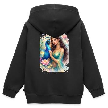 Elegant woman with peacock and lotus flower - Kids Premium Organic Zip-up Hoodie - black - Back - AI Model Kid Male (0cm)