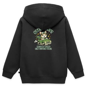 Katzenabenteuer im grünen Cabrio - Kinder Premium Organic Zip Hoodie - Schwarz - Hinten - AI Model Kid Male (0cm)