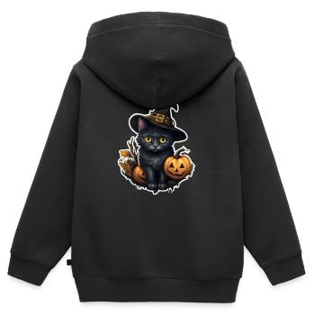 Chat noir d’Halloween avec chapeau et citrouille - Sweat Premium à capuche zippé enfant bio - noir - Dos - AI Model Kid Male (0cm)