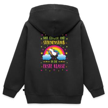 Licorne paillettes et poussière d’étoiles première classe coloré - Sweat Premium à capuche zippé enfant bio - noir - Dos - AI Model Kid Male (0cm)