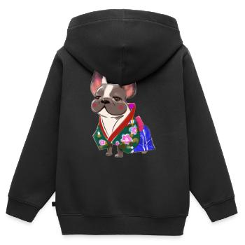 Bouledogue Français de style japonais en kimono - Sweat Premium à capuche zippé enfant bio - noir - Dos - AI Model Kid Male (0cm)