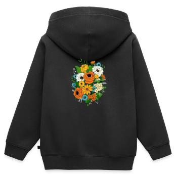 Composition florale type années 70 - Sweat Premium à capuche zippé enfant bio - noir - Dos - AI Model Kid Male (0cm)