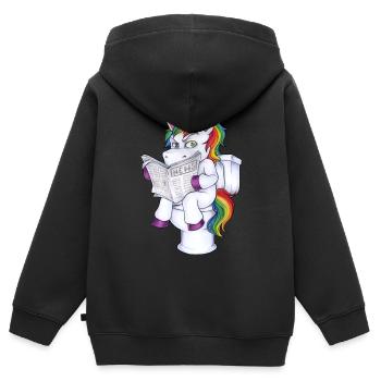 Witziger angepisstes Einhorn mit Zeitung auf Klo - Kinder Premium Organic Zip Hoodie - Schwarz - Hinten - AI Model Kid Male (0cm)