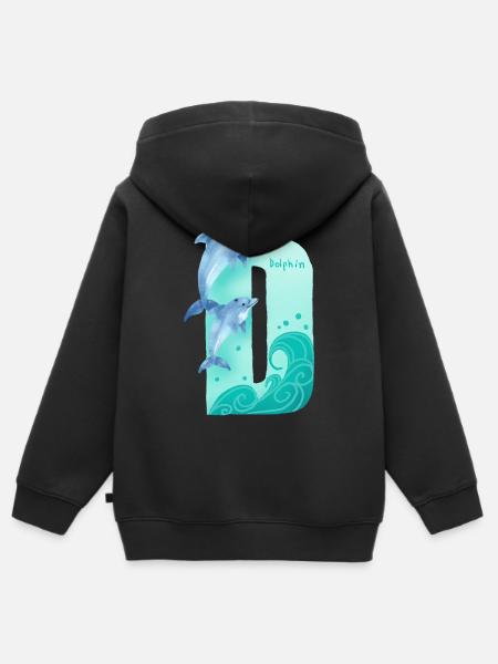 Skurriles Alphabet. Buchstabe D. Design des blauen Delfins. - Kinder Premium Organic Zip Hoodie - Schwarz