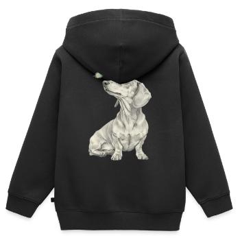 Esquisse teckel avec profil de papillon style Banksy - Sweat Premium à capuche zippé enfant bio - noir - Dos - AI Model Kid Male (0cm)