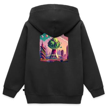 Futuristische Kohlstadt: pflanzliche Power - Kinder Premium Organic Zip Hoodie - Schwarz - Hinten - AI Model Kid Male (0cm)