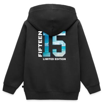 Cadeau 15ème anniversaire 15 ans - Sweat Premium à capuche zippé enfant bio - noir - Dos - AI Model Kid Male (0cm)