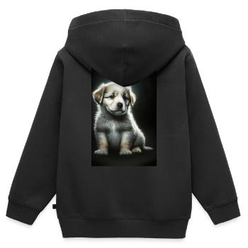 Chiot blanc - Sweat Premium à capuche zippé enfant bio - noir - Dos - AI Model Kid Male (0cm)